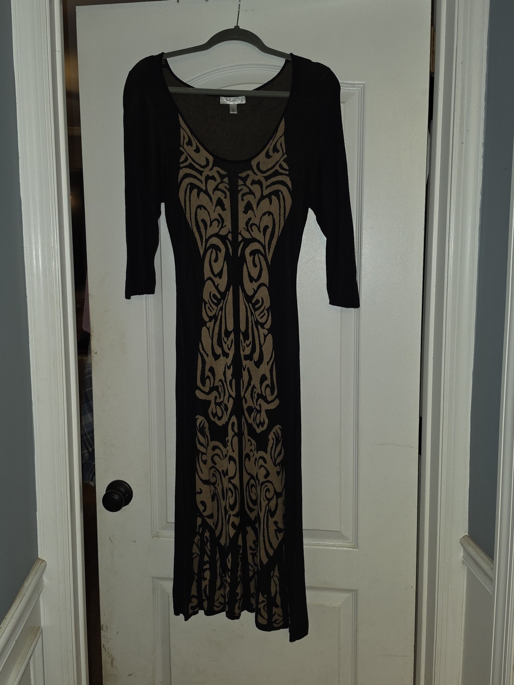 Dressbarn Black Maxi Dress with Tan Scroll Panel